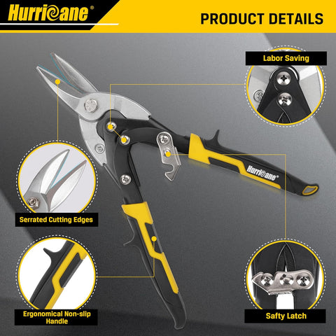 HURRICANE 10 Inch Aviation Tin Snips, Cr-Mo Aviation Snips for Cutting Metal Sheet, Heavy Duty Sheet Metal Cutter Shear, Straight Cut, High Leverage Aviation Snip, Up to 40% Labor Saving