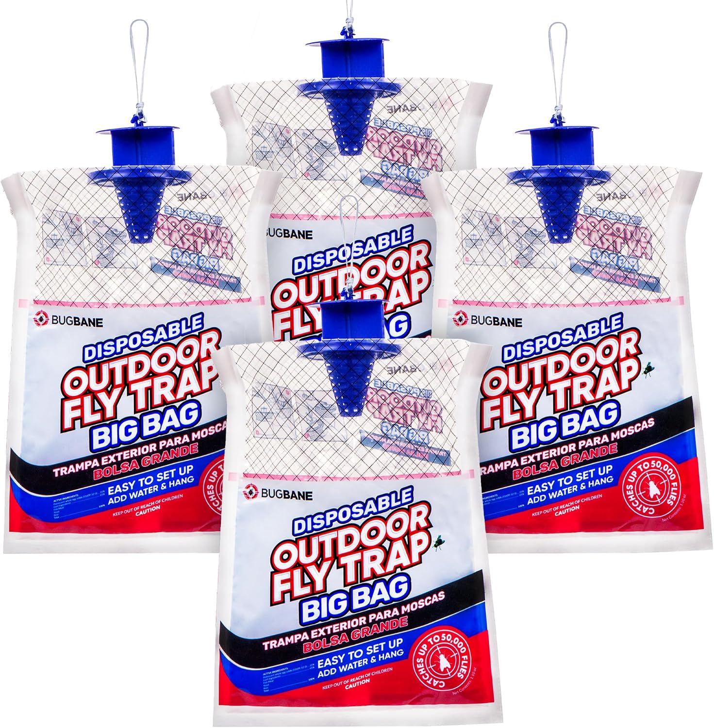 Fly Traps Outdoor Fly Trap for Patio. 4 Large Non-Toxic Pre-Baited Flies Bags Outdoor Disposable. Big Hanging Bug Catchers for All Filth Flies Killer for Outside Bug Control in Yard Horse Ranch.