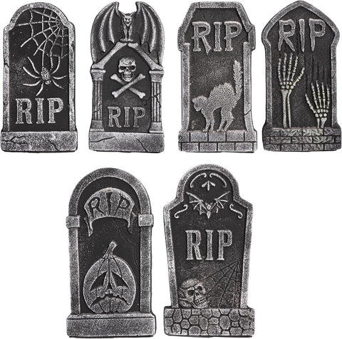 Hourleey Halloween Foam RIP Tombstones, 6 Pack 15" Graveyard Headstone Decorations Outdoor for Halloween Lawn Yard Garden Tombstone Decor