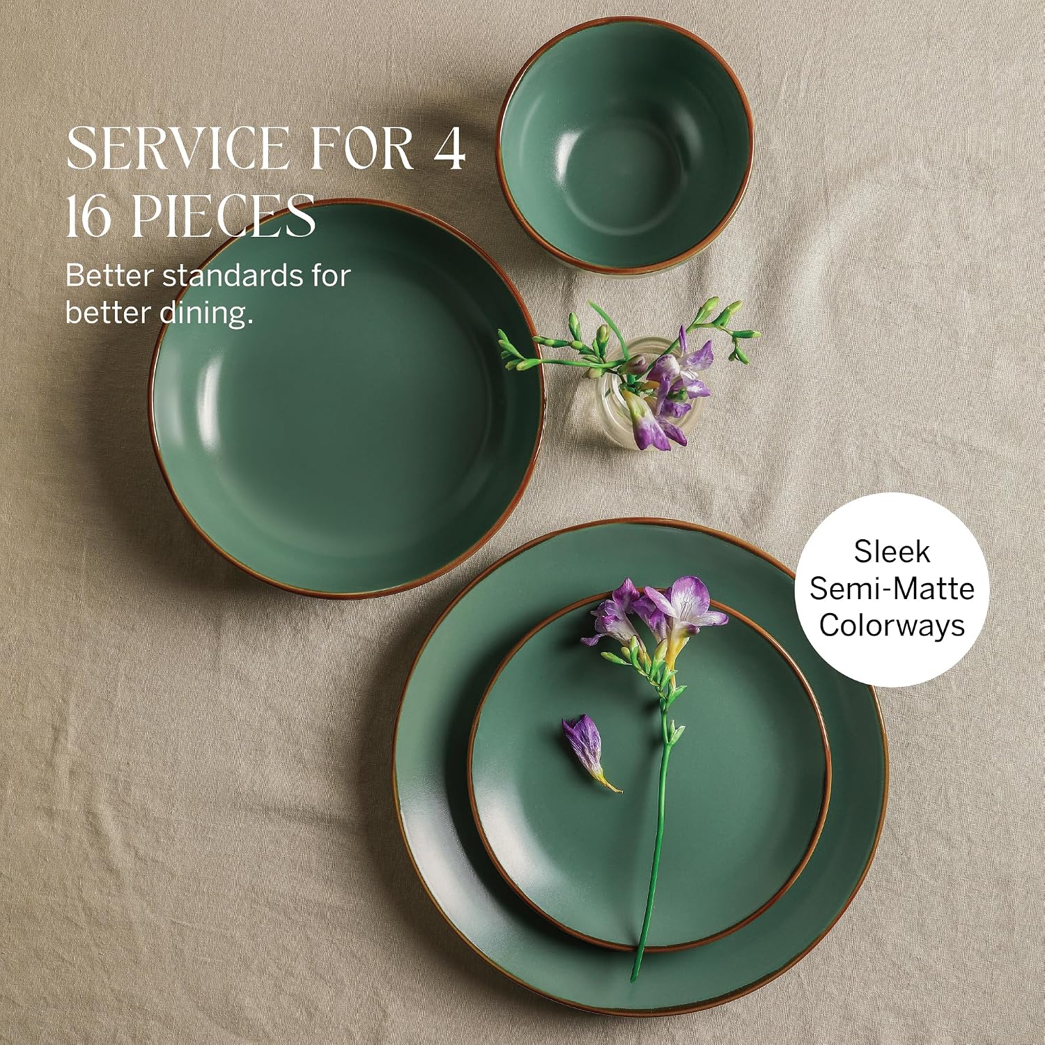 Stone Lain Brasa Modern Stoneware 16 Piece Dinnerware Sets, Plates and Bowls Sets, Dish Set for 4, Green