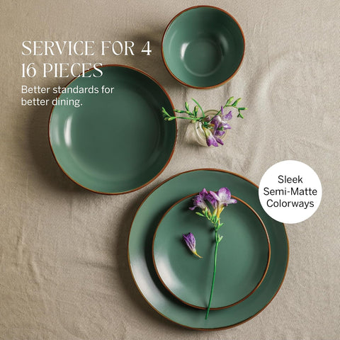Stone Lain Brasa Modern Stoneware 16 Piece Dinnerware Sets, Plates and Bowls Sets, Dish Set for 4, Green