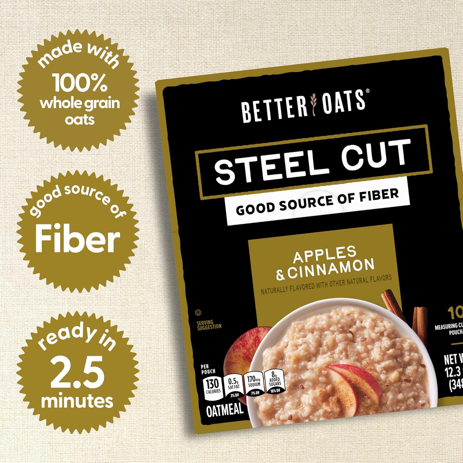 Better Oats Steel Cut Oatmeal, Apple & Cinnamon, 12.3 oz Box, 6 Pack | Instant Breakfast With Flax Seeds, Good Source Of ALA Omega-3 And a Good Source of Fiber, Individual Packets