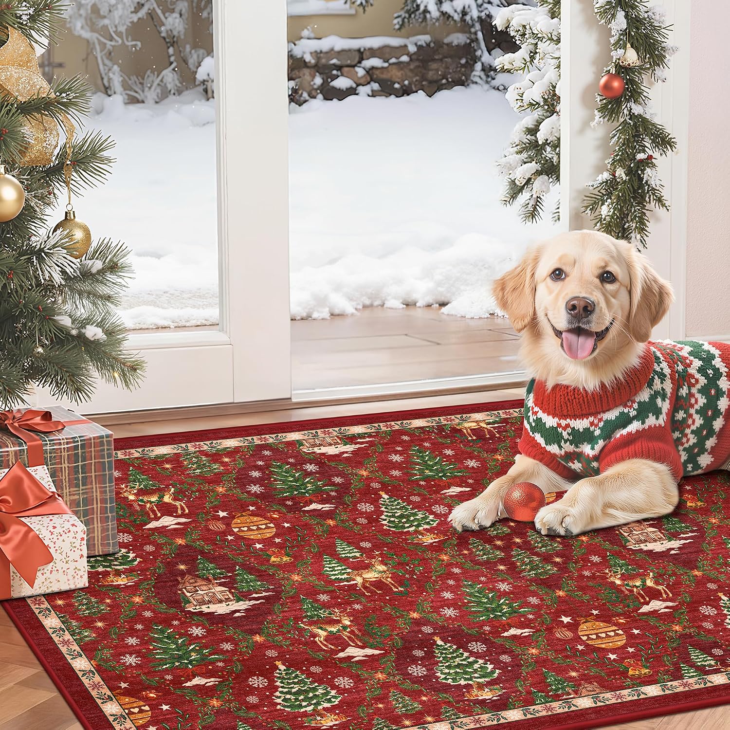 Madane Christmas Area Rug 2x3, Red Entryway Xmas Carpet Holiday Decor