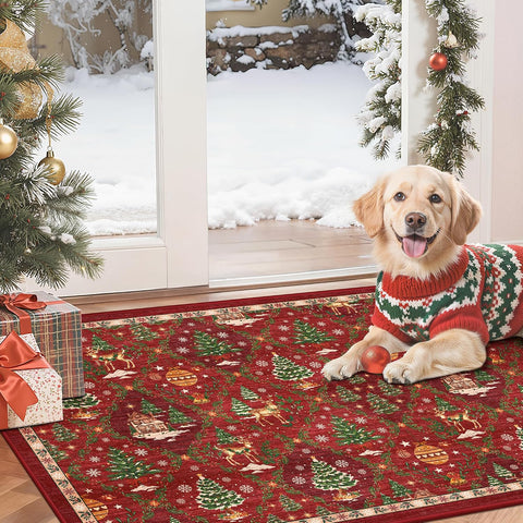 Madane Christmas Area Rug 2x3, Red Entryway Xmas Carpet Holiday Decor