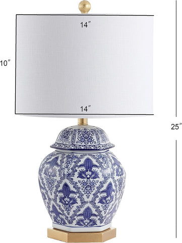 JONATHAN Y Gretchen 25" Ginger Jar Ceramic LED Table Lamp, Blue/White