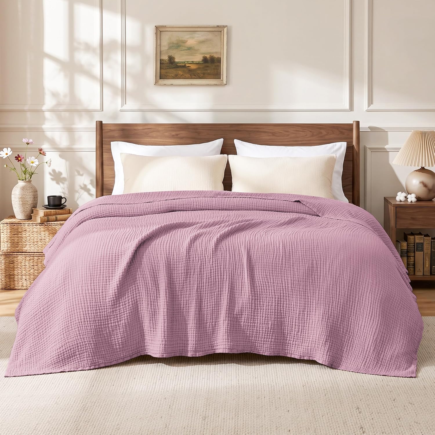 Love's cabin 100% Cotton Muslin Blanket Twin XL Size for Bed, Dusty Pink