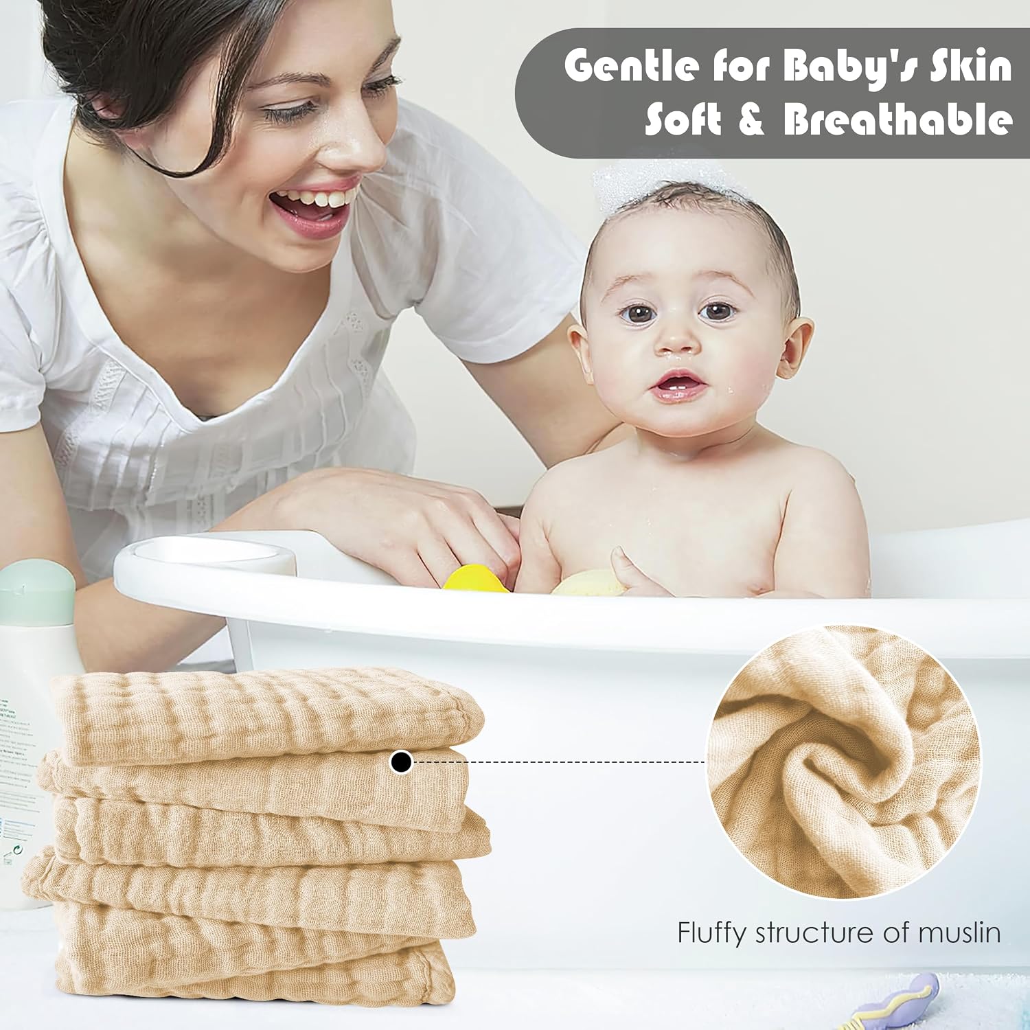 Ease Cubs 12 Pack Muslin Washcloths for Baby - 100% Cotton Baby Wash Cloths for or Baby Face Body Comfy and Soft for Newborn Infants Kids Girls and Boys - 12"x12" - Brown