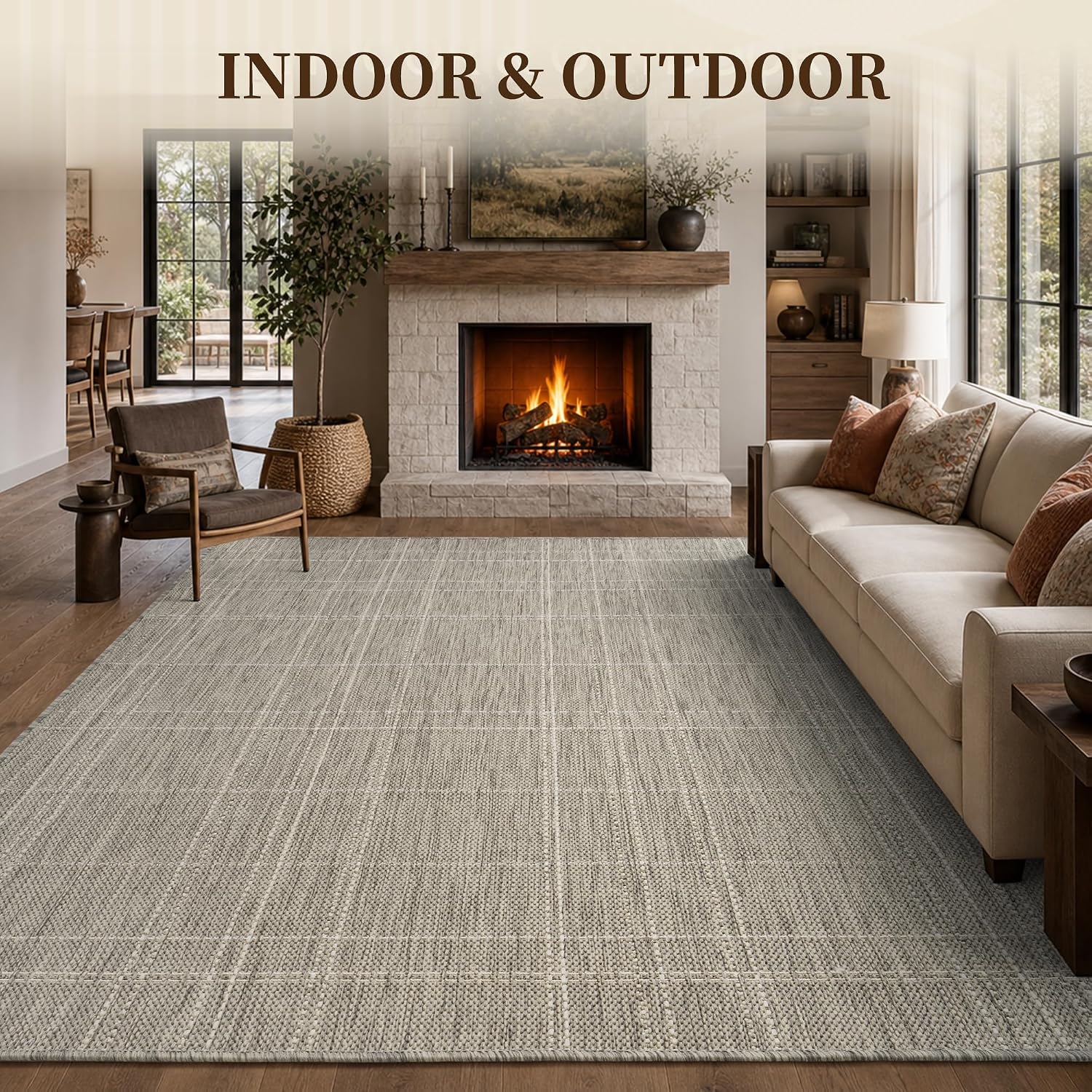 PADOOR-Outdoor Rug-Patio Rug 9x12 ft Polypropylene Indoor Outdoor Rugs Outdoor Carpet for Patio Deck Balcony Porch, Textured Weave, Durable for High Traffic, Fade-Resistant, Farmhouse Neutral Grey