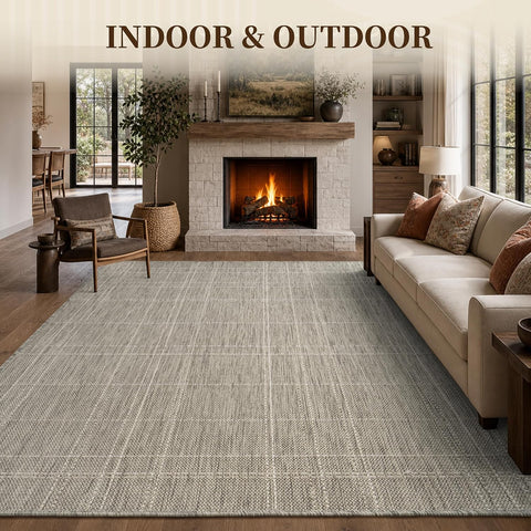 PADOOR-Outdoor Rug-Patio Rug 9x12 ft Polypropylene Indoor Outdoor Rugs Outdoor Carpet for Patio Deck Balcony Porch, Textured Weave, Durable for High Traffic, Fade-Resistant, Farmhouse Neutral Grey