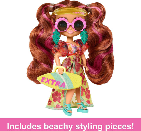 Barbie Extra Fly Minis Travel Doll, Beach Look with Pink-Streaked Pigtails in Swimsuit, Sarong & Accessories