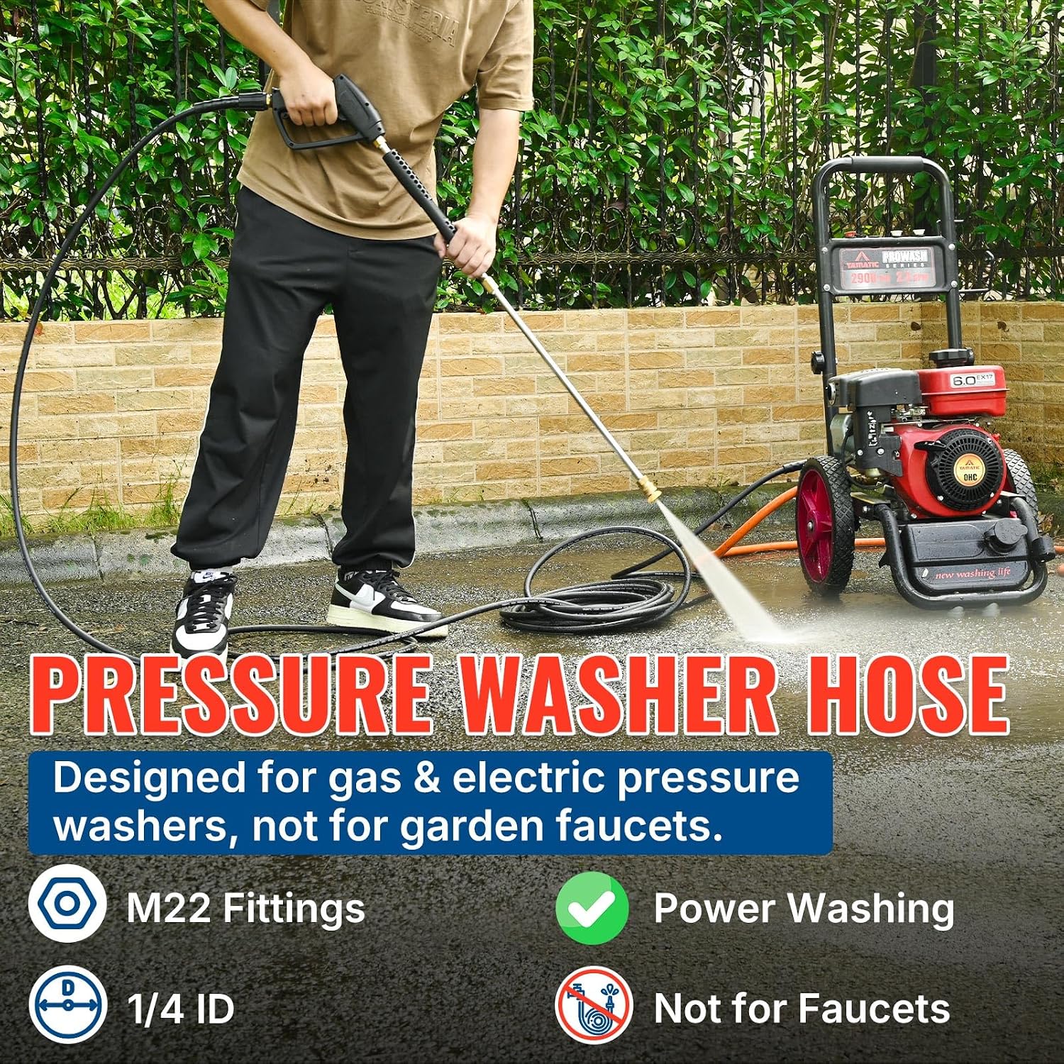 YAMATIC Pressure Washer Hose 25 FT 1/4", M22-14mm Females