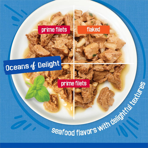 Purina Friskies Wet Cat Food Variety Pack, Oceans of Delight Flaked and Prime Filets - (Pack of 40) 5.5 oz. Cans
