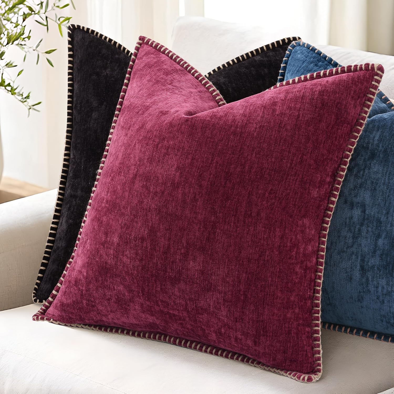 decorUhome Soft Chenille Throw Pillow Covers 18x18 Set of 2 Black