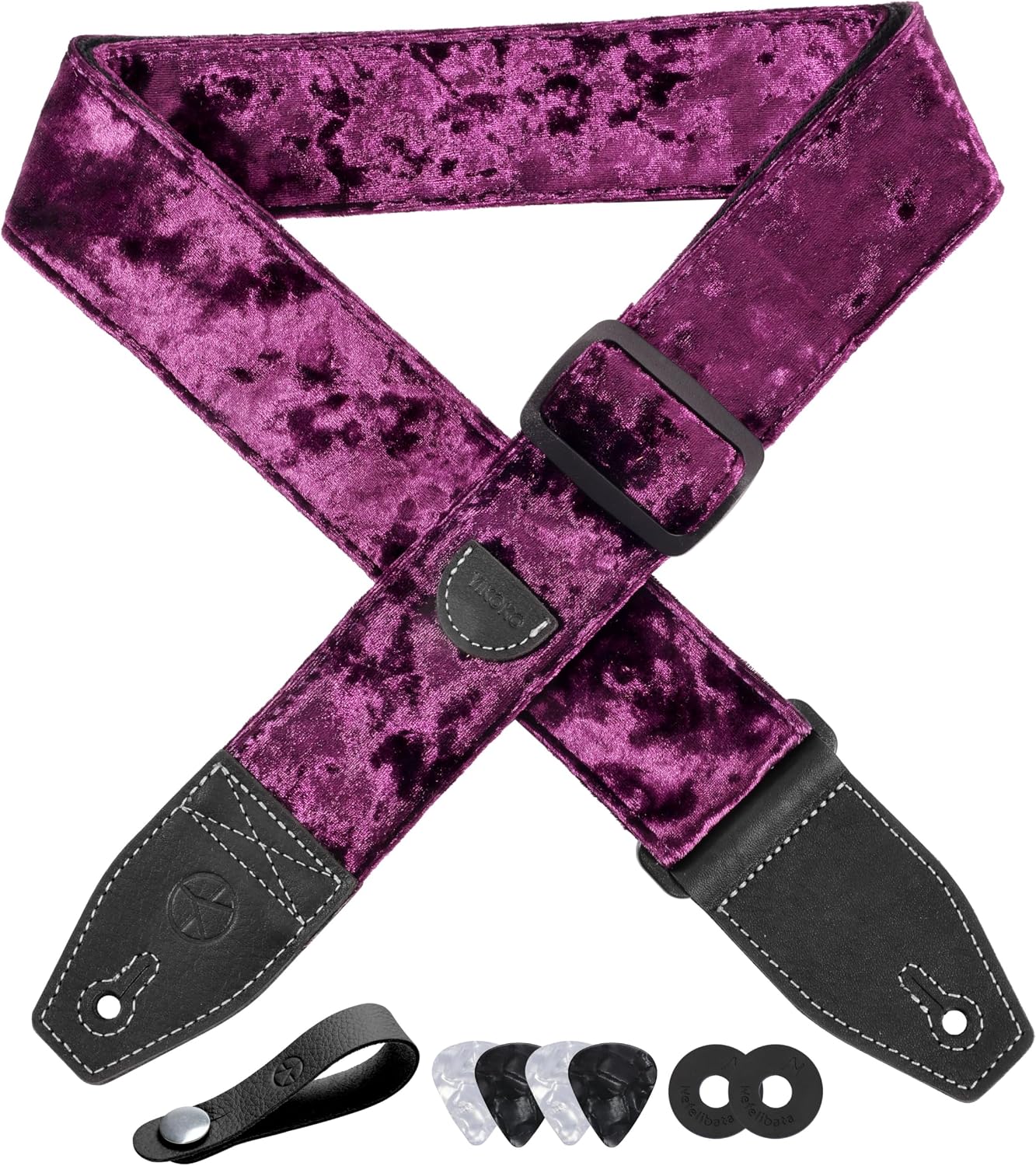 YIKOKO Guitar Strap 2 inch Velvet Guitar Straps with Full Grain Leather End, for Bass Electric and Acoustic Guitars, Free Strap Button, 2 Strap Locks and 4 Guitar Picks