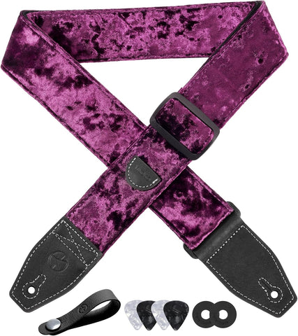 YIKOKO Guitar Strap 2 inch Velvet Guitar Straps with Full Grain Leather End, for Bass Electric and Acoustic Guitars, Free Strap Button, 2 Strap Locks and 4 Guitar Picks