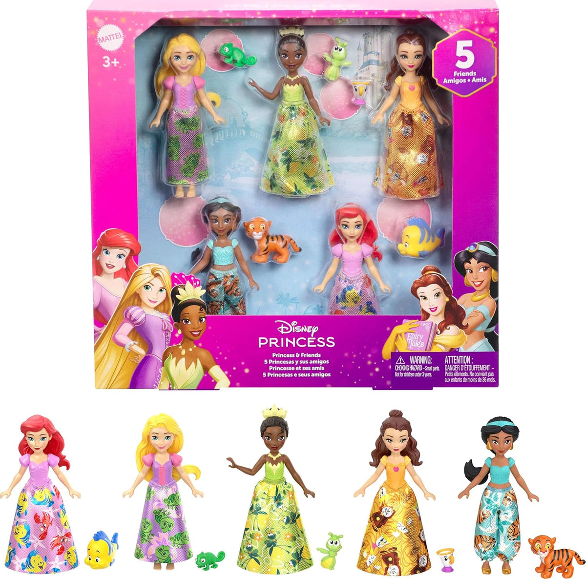 ​Mattel Disney Princess & Friends Set with 5 Posable Small Dolls in Removable Skirts or Pants & 5 Friend Figures, Inspired by the Disney Movies