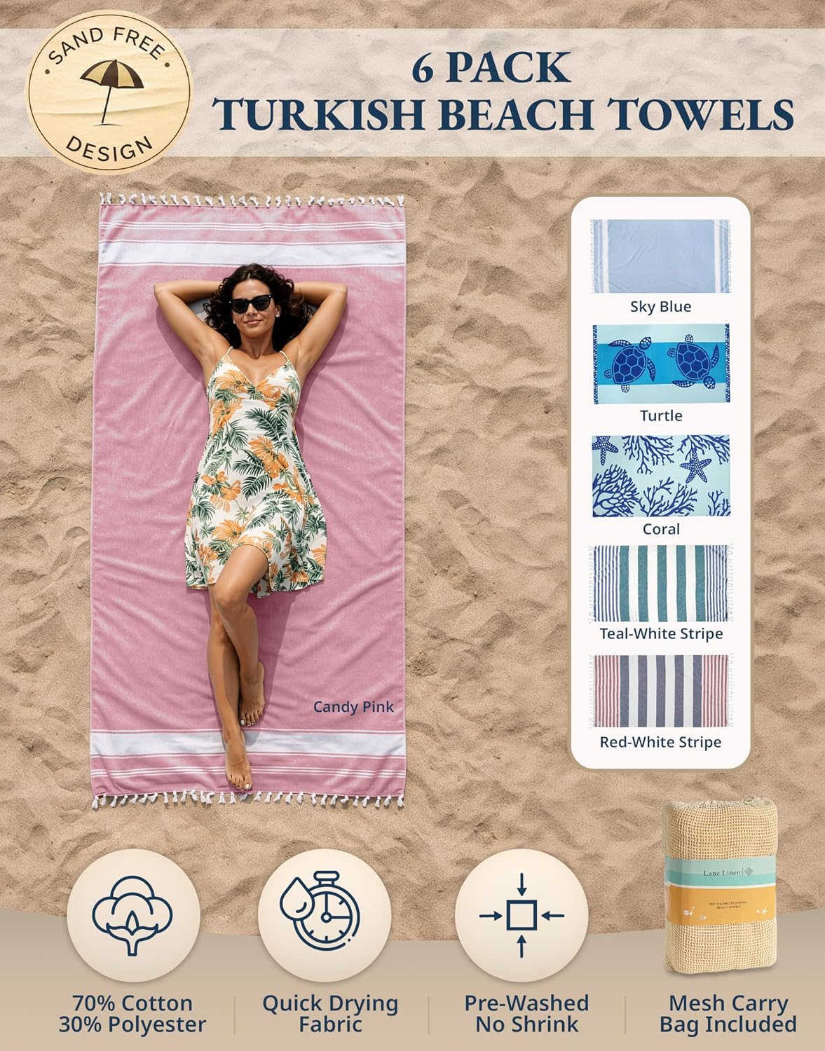 LANE LINEN Turkish Beach Towels 6 Pcs, Pre-Washed, Durable - Coastal Bliss