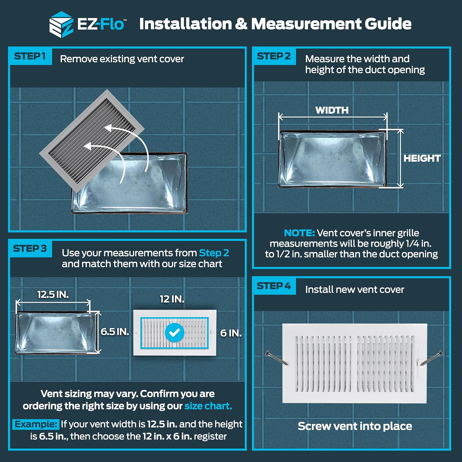 EZ-FLO 12 x 6 Inch (Duct Opening) Air Vent Cover for Wall or Ceiling, Two-Way Ventilation Register, Solid Steel HVAC Register Cover, White, 61612