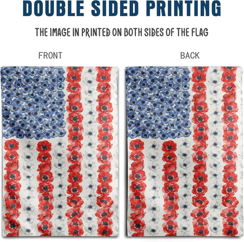 Patriotic Flower American House Flag 28 x 40 Double Sided Spring Summer Garden Decor 4th of July Memorial Independence Day Decorations Red White Blue Poppy Yard Banner for Outside