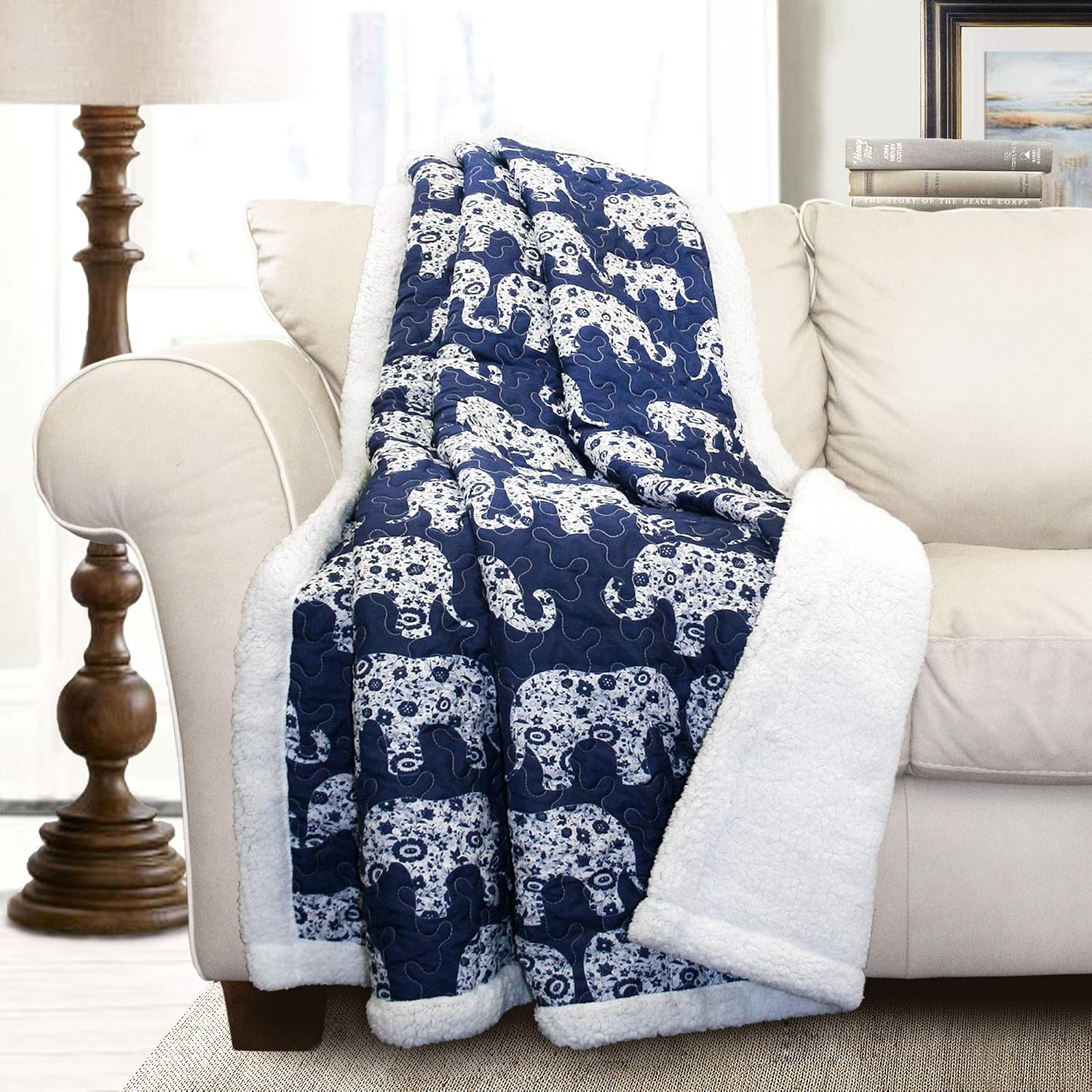 Lush Decor Navy Elephant Parade Throw Fuzzy Reversible Sherpa Blanket 60” x 50 White