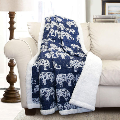 Lush Decor Navy Elephant Parade Throw Fuzzy Reversible Sherpa Blanket 60” x 50 White