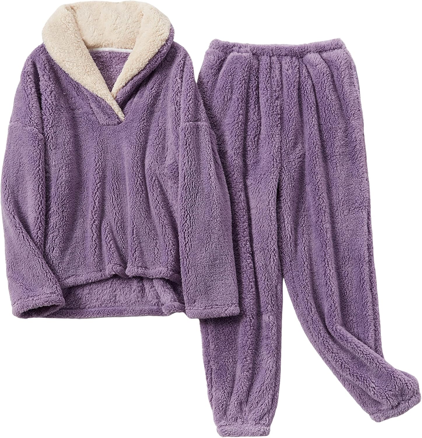 UANEO Womens Fluffy Pajamas Set Soft Fleece Pullover Pants Loose Sleepwear Loungewear Set
