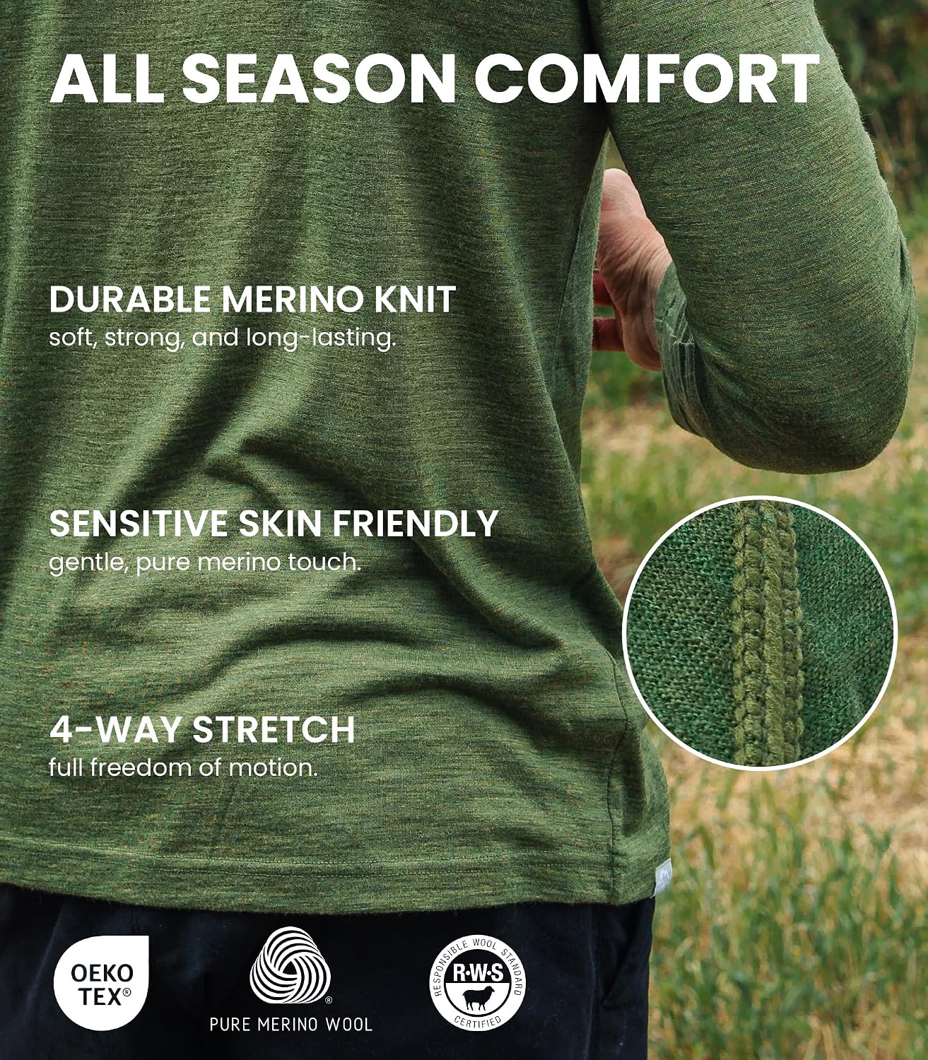 100% Merino Wool Base Layer Men Set - Thermal Underwear for Men Long Johns