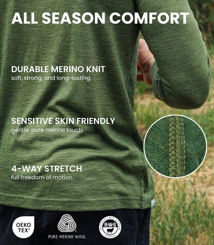 100% Merino Wool Base Layer Men Set - Thermal Underwear for Men Long Johns