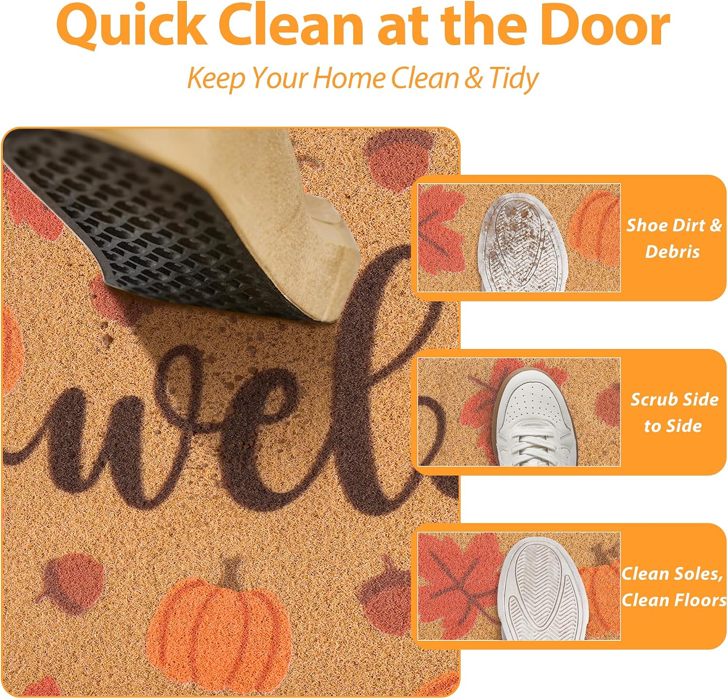 Fall Welcome Door Mat for Front Door, Pumpkin & Maple Leaves Doormat Design