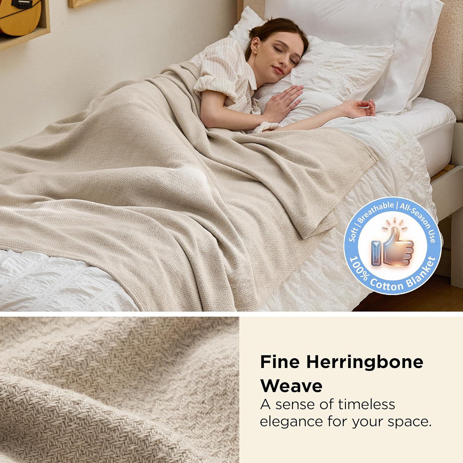 Bedsure 100% Cotton Blanket, Herringbone Weave, Twin-XL, Linen Beige