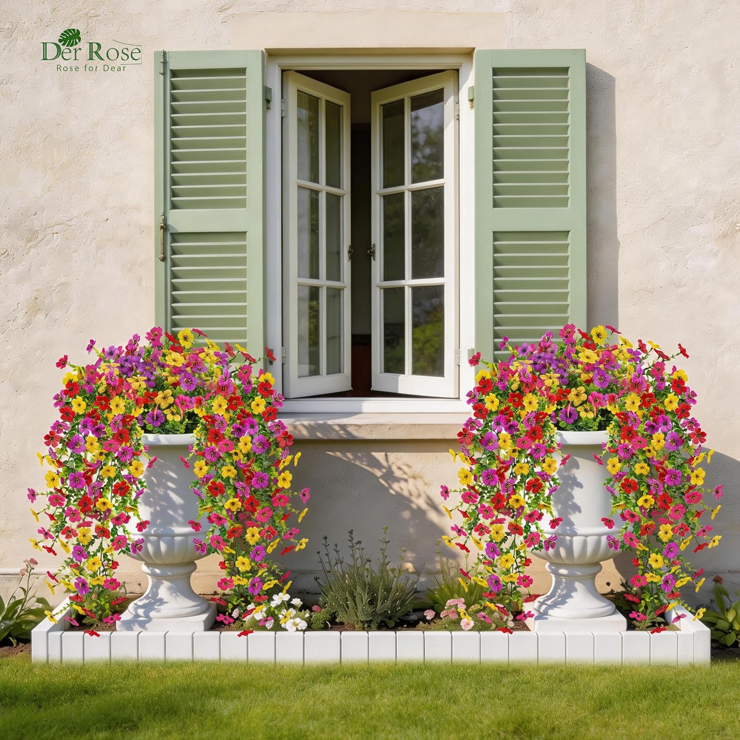 Der Rose UV Resistant Artificial Hanging Flowers for Outdoors, 2Pcs Silk Fake Dasiy Faux Hanging Flowers for Outdoor Planter Porch Balcony Yard Decor