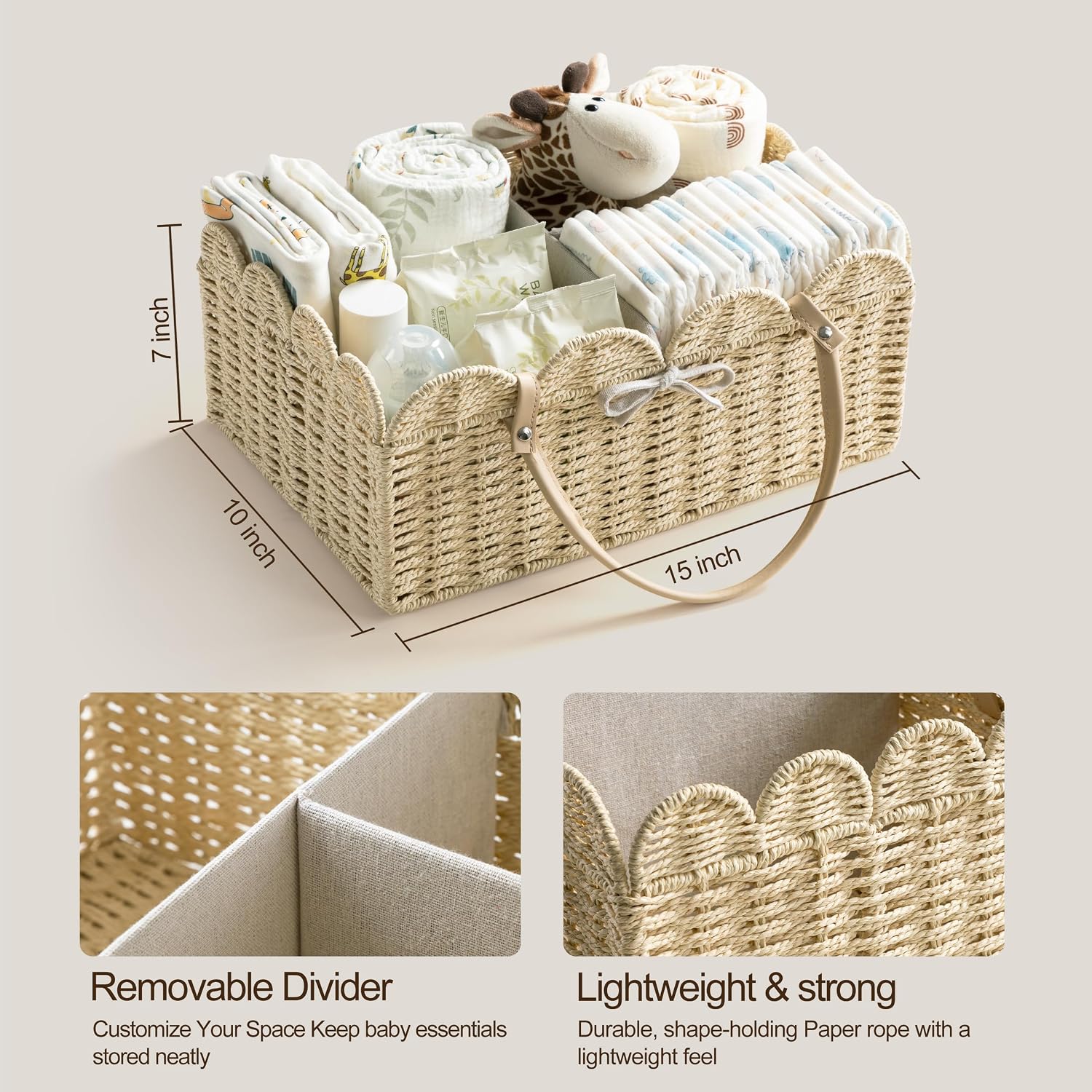 HBlife Large Baby Diaper Caddy, Paper Rope Storage Baskets Nursery Bin with Removable Divider, Portable Car Organizer for Diapers, Baby Shower Gifts, Newborn Essentials Must Haves