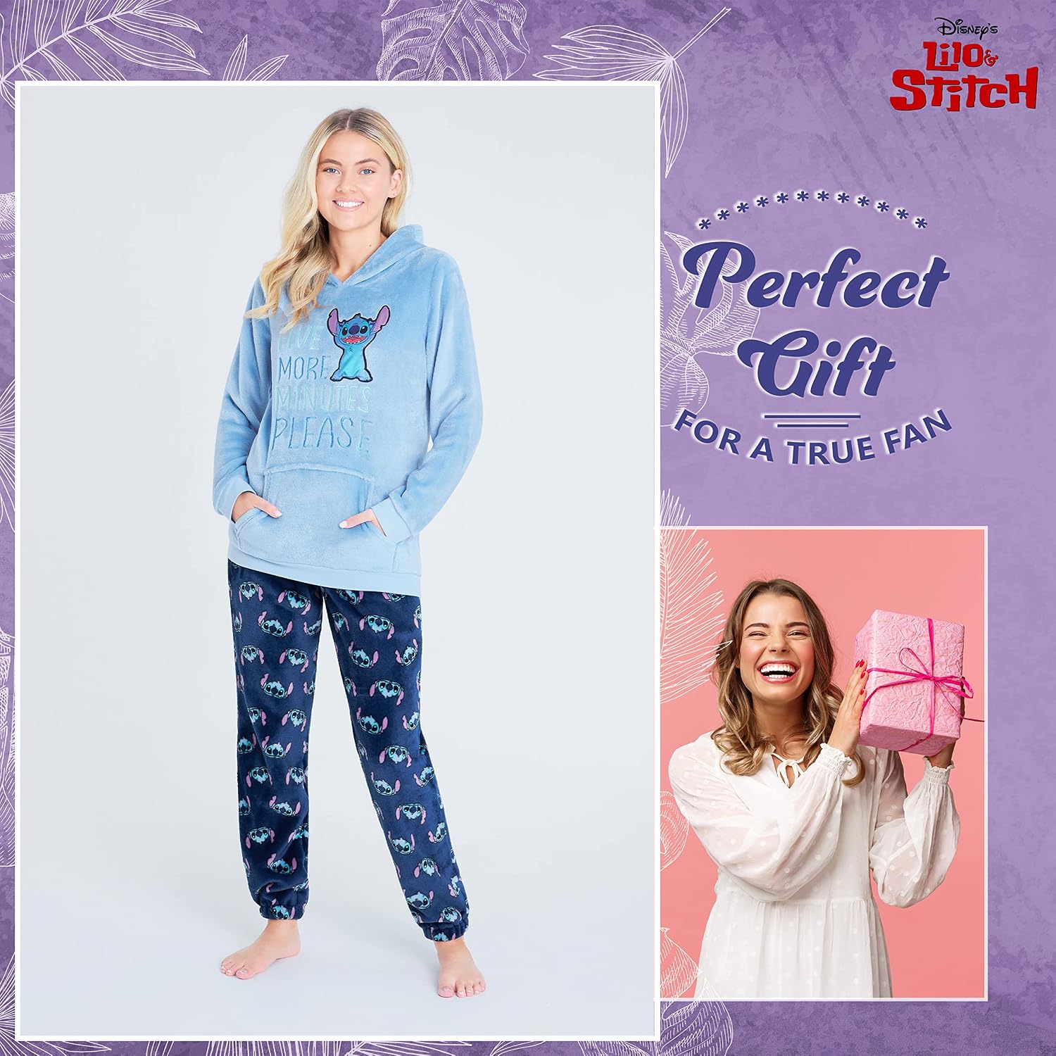 Disney Stitch Womens 2Pc Fleece Pajama Set, Plush Loungewear with Hood, Minnie Eeyore Simba S–XL Sleepwear Gifts for Women