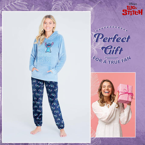 Disney Stitch Womens 2Pc Fleece Pajama Set, Plush Loungewear with Hood, Minnie Eeyore Simba S–XL Sleepwear Gifts for Women