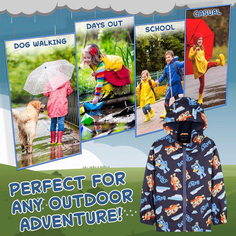 Bluey Girls Raincoat With Hood, Waterproof Fleece Lined Outdoor Rainwear For Kids