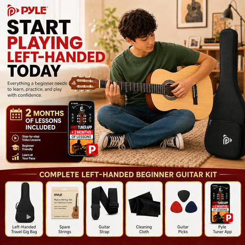 Pyle 36-Inch Left-Handed Classical Acoustic Guitar Kit, 3/4 Size Junior Nylon String Guitar for Kids and Adults, Includes Gig Bag, Strap, Spare Strings, Picks, Cleaning Cloth, 18 Frets, Gloss Finish