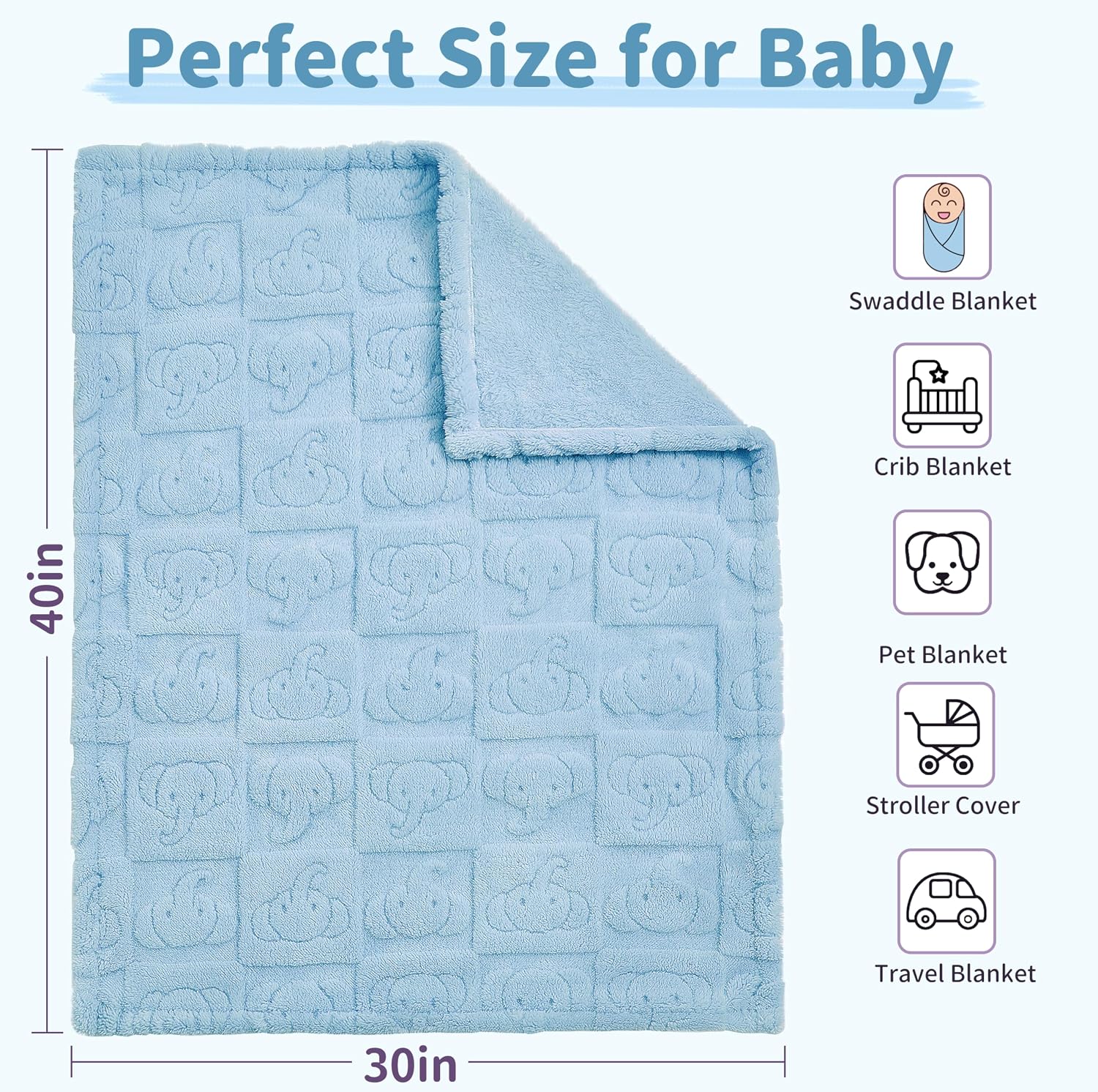 Pro Goleem Elephant Baby Boy Blanket, Soft Fleece Baby Blankets for Boys, 30" x 40" Blue Crib & Stroller Blanket for Newborns and Toddlers