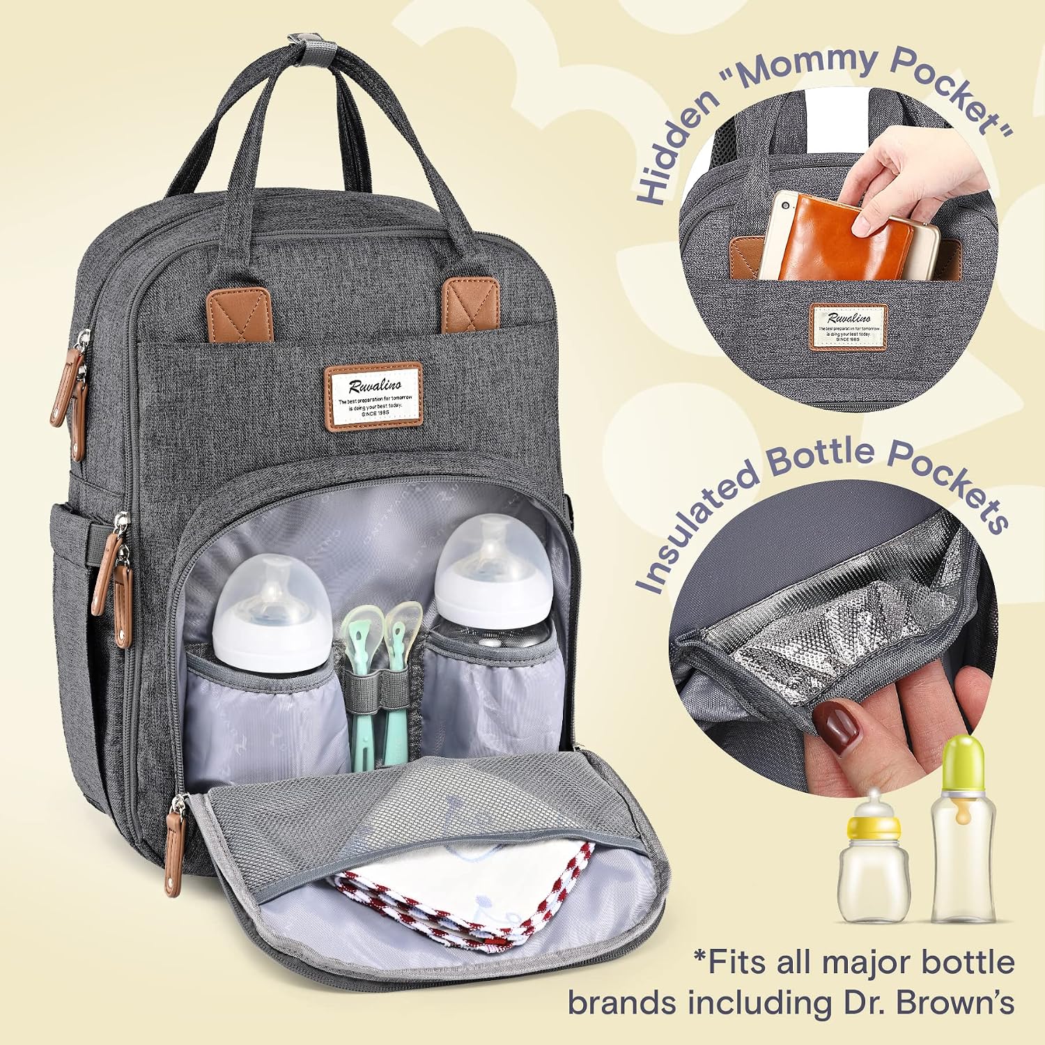 RUVALINO Baby Diaper Bag Backpack with Changing Pad, XL Dark Gray