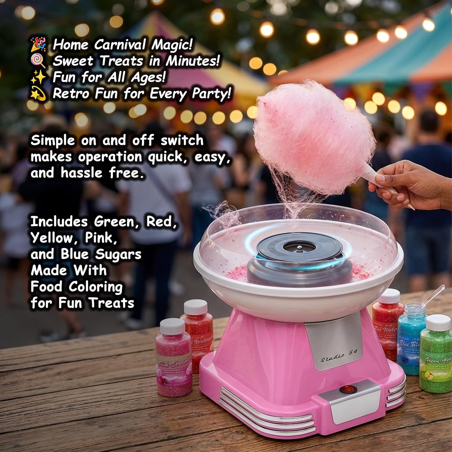 Retro Cotton Candy Machine with 5 Jars (11oz Each) Floss Sugar, 50 Paper Cones, Easy Cleanup Cotton Candy Maker, Durable Retro Design, Makes 20–30 Servings per Jar, BPA & Lead Free
