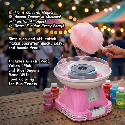Retro Cotton Candy Machine with 5 Jars (11oz Each) Floss Sugar, 50 Paper Cones, Easy Cleanup Cotton Candy Maker, Durable Retro Design, Makes 20–30 Servings per Jar, BPA & Lead Free
