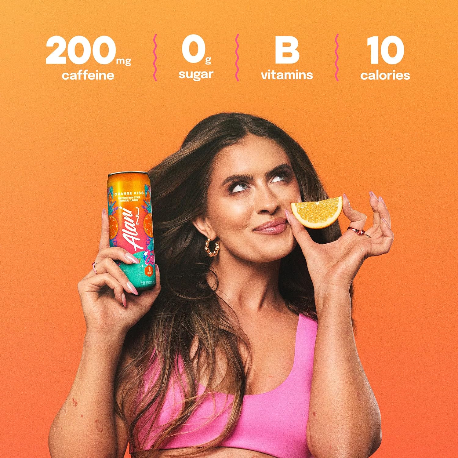 Alani Nu ORANGE KISS, Sugar Free, Low Calorie Energy Drinks, 200mg Caffeine, Biotin, B Vitamins, Zero Sugar, 10 Calories, 12 Fl Oz Cans, 24 Pack