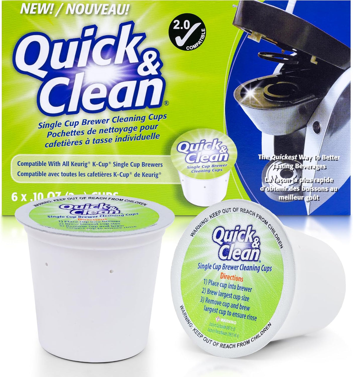 Quick & Clean [6-Pack] Keurig Cleaning Pods - K Cup Cleaner Pod For Keurig - 2.0 Coffee Machine Compatible, Removes Stains, Non-Toxic and Eco-Friendly