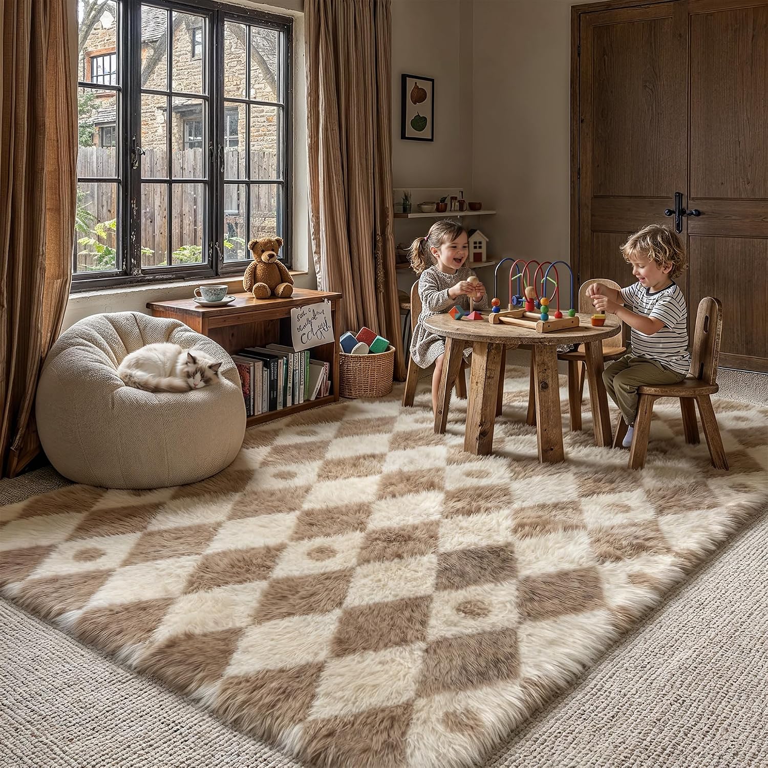 PureCozy Brown 5x7 Area Rug for Living Room Soft Checkered Shag Carpet