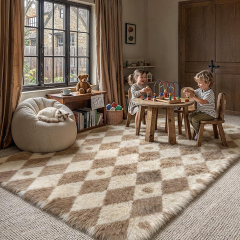 PureCozy Brown 5x7 Area Rug for Living Room Soft Checkered Shag Carpet
