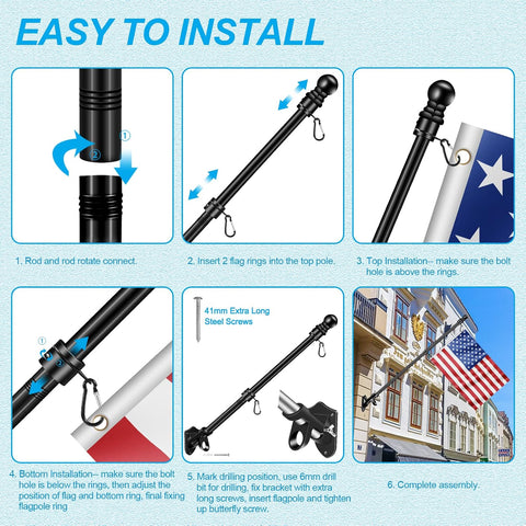 5 FT House Flag Pole Kit, 1" Spinning Thicken Stainless Steel Metal Flagpoles for Outside House Porch Post Wall Mount with 2-Position Flagpole Holder Bracket & 360° Flag Ring for 3x5 Flag(5 FT, Black)