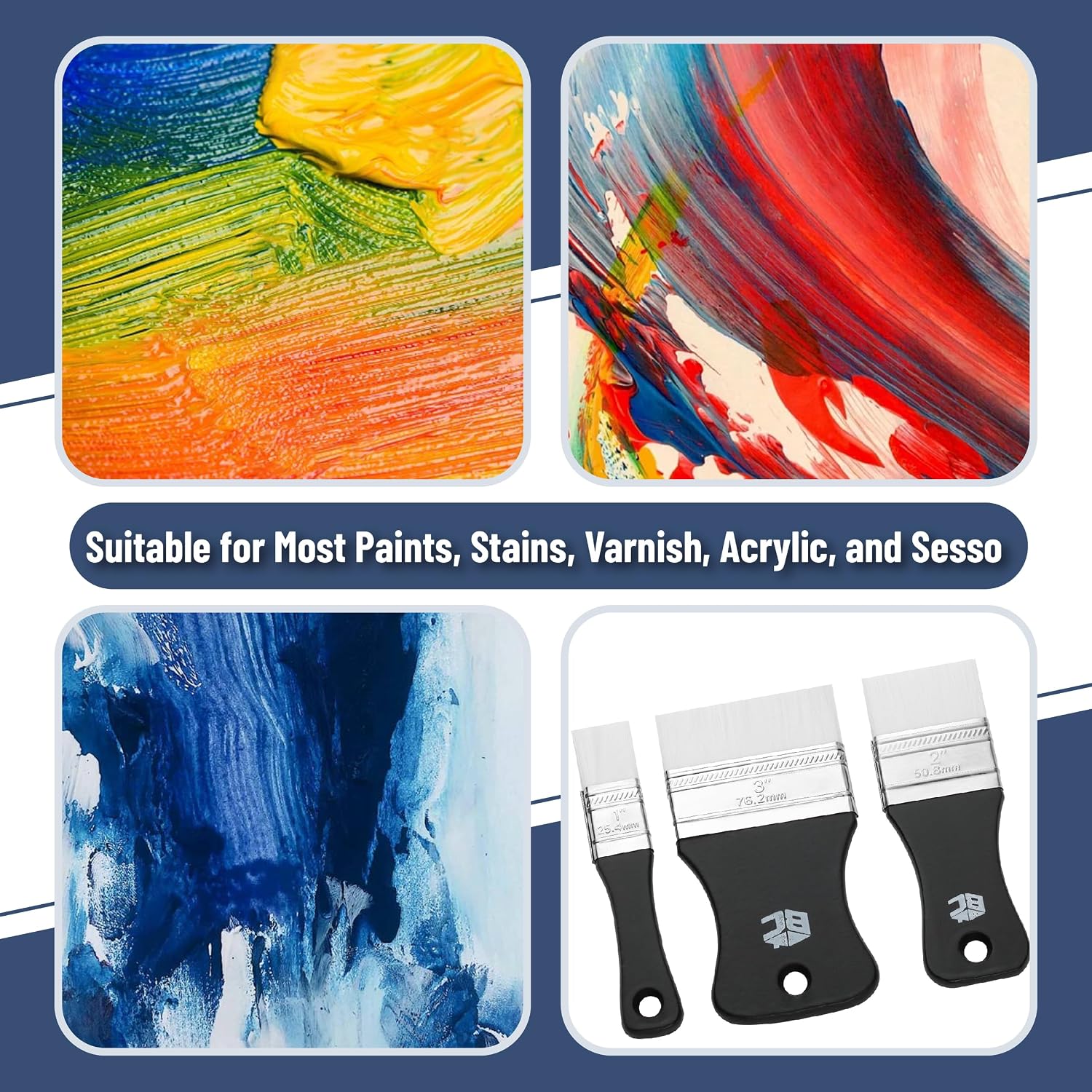 Bates- Flat Paddle Paint Brush Set, 3 Pack, 1"/2"/3" Nylon Bristles