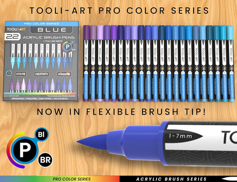 TOOLI-ART 22 Flexible Brush Tip Acrylic Paint Pens Markers Set 1-7mm Line for Rock Painting, Glass, Mugs, Wood, Metal, Canvas, Plastic. Non Toxic Waterbased Quick Drying Assorted Blue