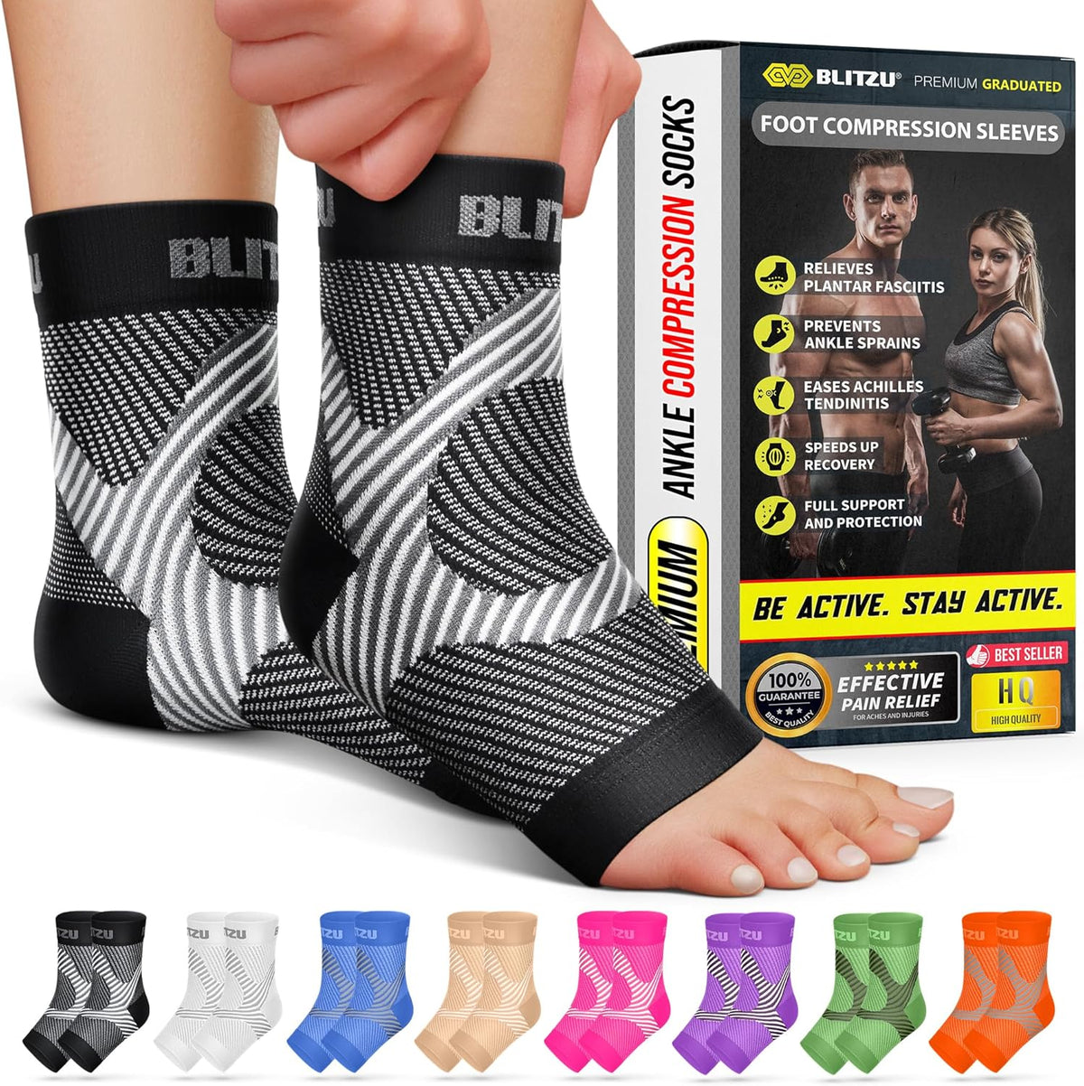 BLITZU Compression Socks for Plantar Fasciitis, Foot, Arch & Ankle Support