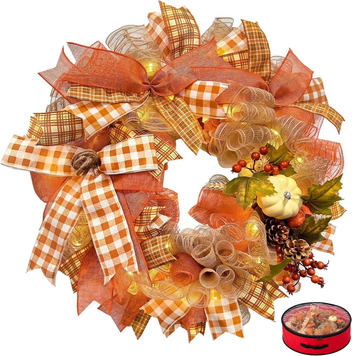 24 Inch Fall Wreaths for Front Door, Pumpkin Autumn Wreath