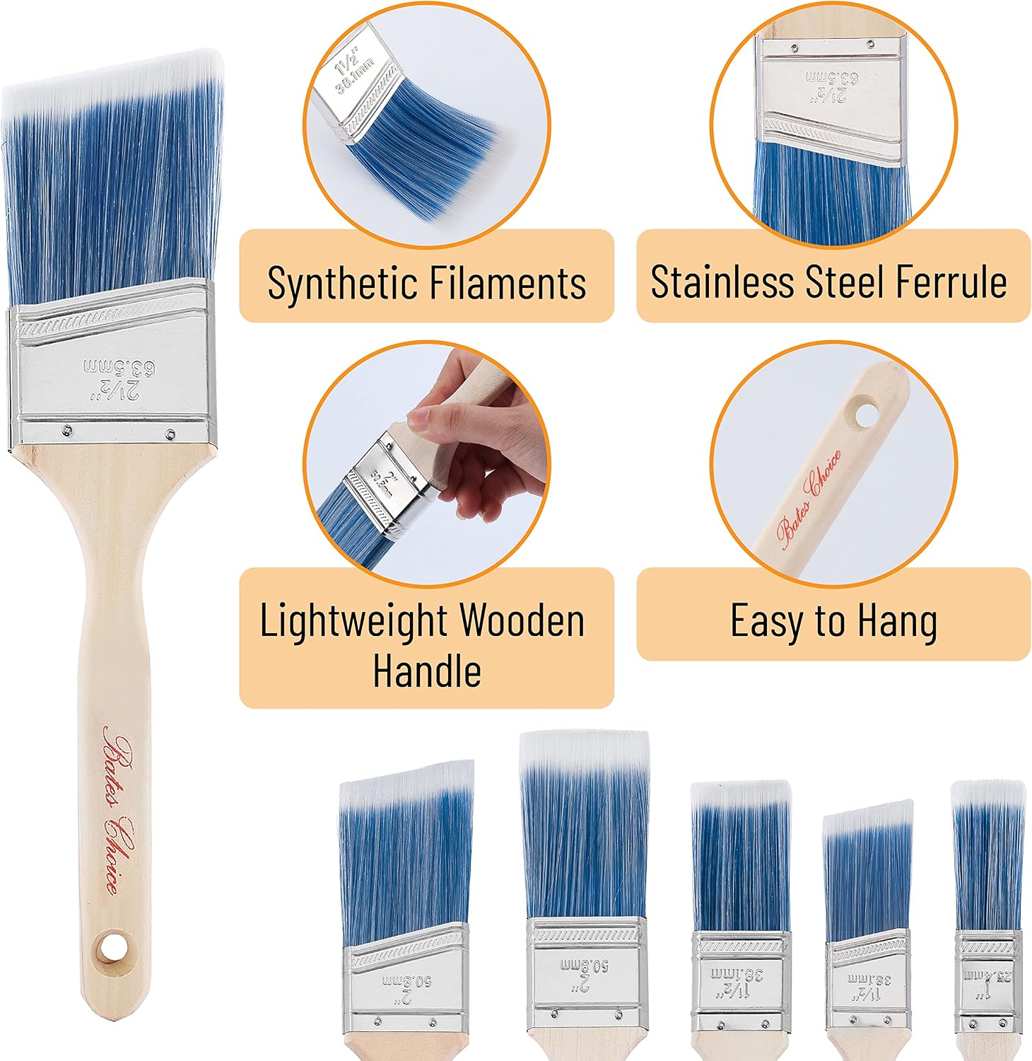 Bates- Paint Brushes, 6 Pack, Treated Wood Handle Brushes for Walls